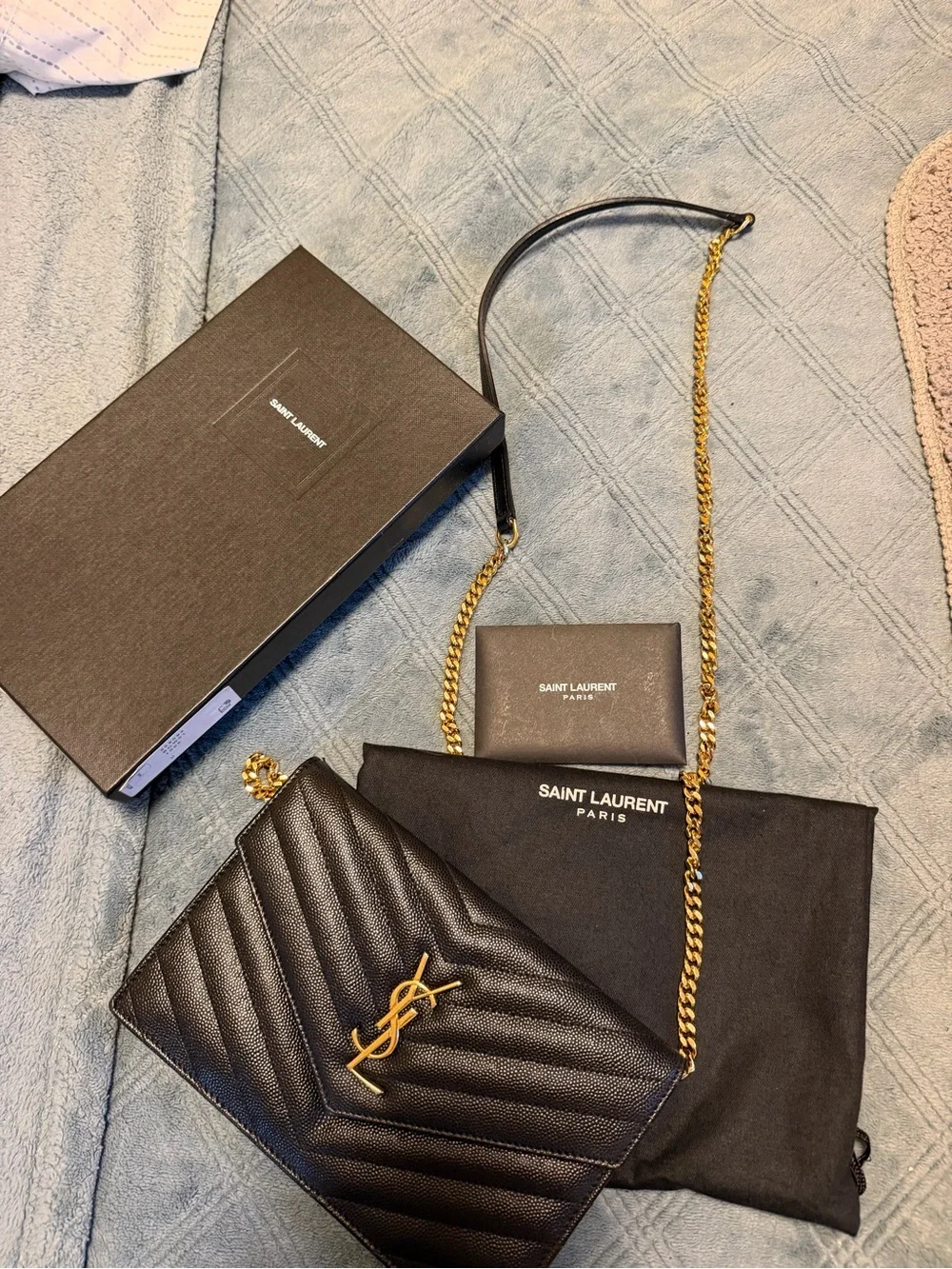 Saint Laurent Black Quilted Leather Chain Wallet - Black/Gold with box